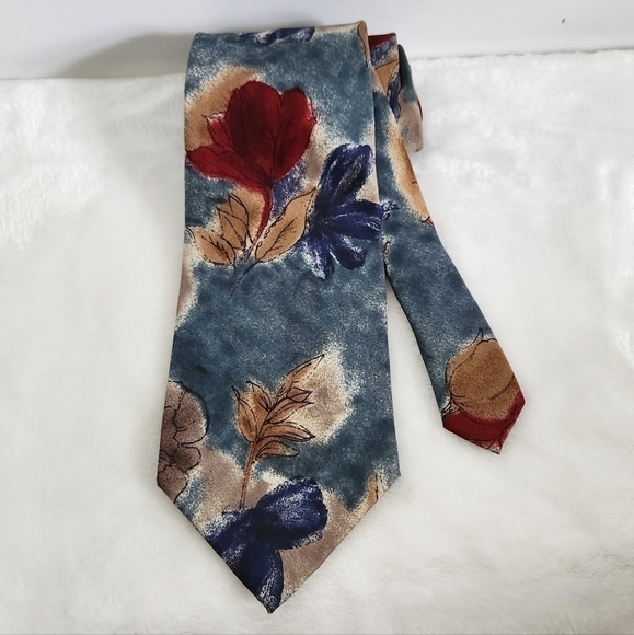 417 By Van Heusen Silk Floral Flower Blue Tan Burgundy Necktie Tie - Picture 1 of 9